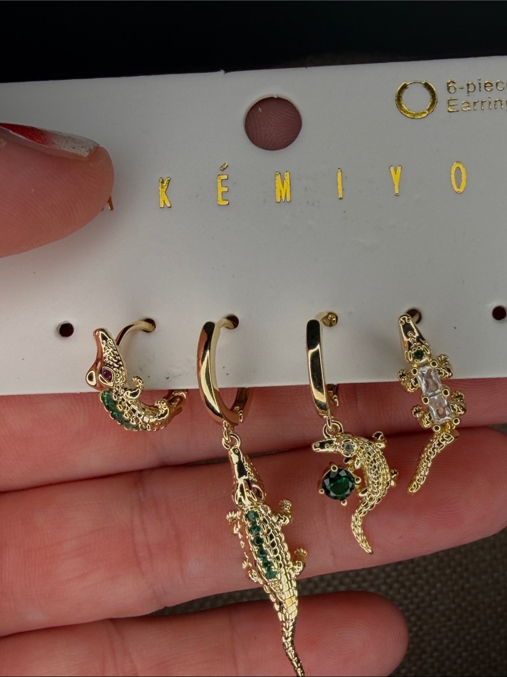 Gold Plated Crocodile Drop Earrings with Green Stones - Set of 4